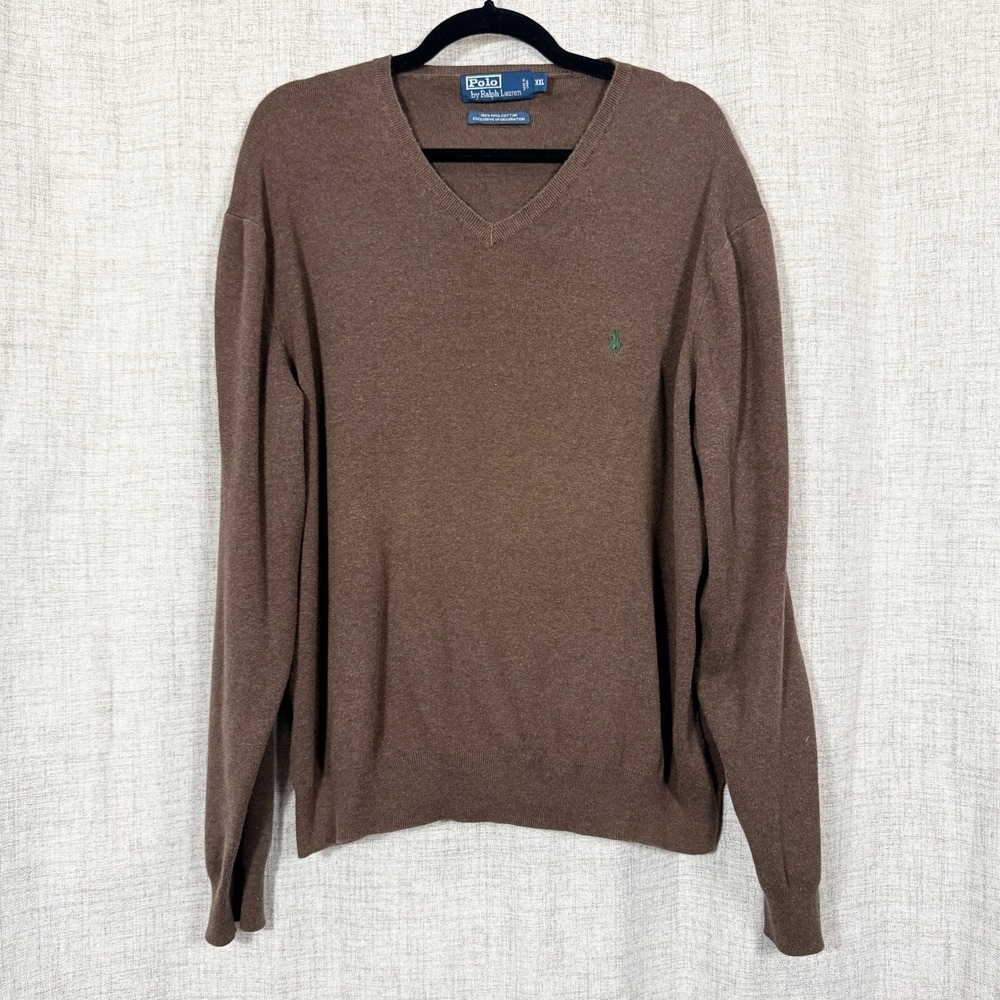 Polo Ralph Lauren V-Neck Sweater Mens XXL Brown Pima Cotton Preppy Old Money